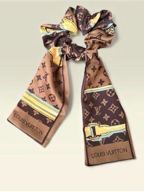 🔥LAST ONE🔥Fabulous Brown & Tan Monogram Silk Scarf Scrunchie with Yellow Accents